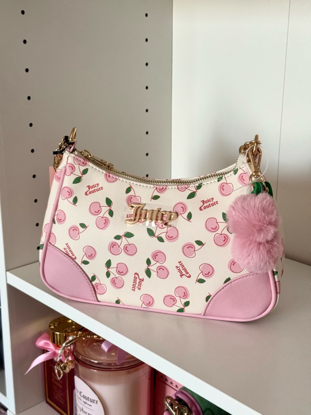 Juicy Couture “Cherry Girl” Pink Cherry Print Shoulder Bag with Pom Pom - Picture 3 of 5